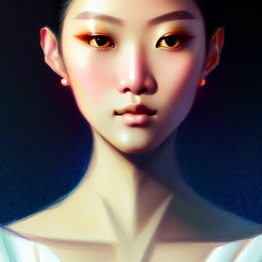 Prompt: digital painting of a close up face portrait of an elegant, beautiful, sophisticated, fashionable, pretty, young burmese - japanese depressed model, lucid pulsar star energy. intricate ornate detail, eye focus, by artgerm, range murata, jeremy lipking, trending on pinterest, artstation hq, vivid 8 k, film still.