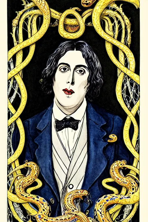 Image similar to realistic portrait of oscar wilde in the center of an ornate rococo frame with skulls and snakes, detailed art by kay nielsen and walter crane, illustration style, watercolor