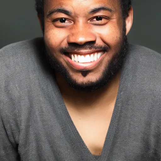 Prompt: studio photograph of a black person with japanese red eyes and a sad smile