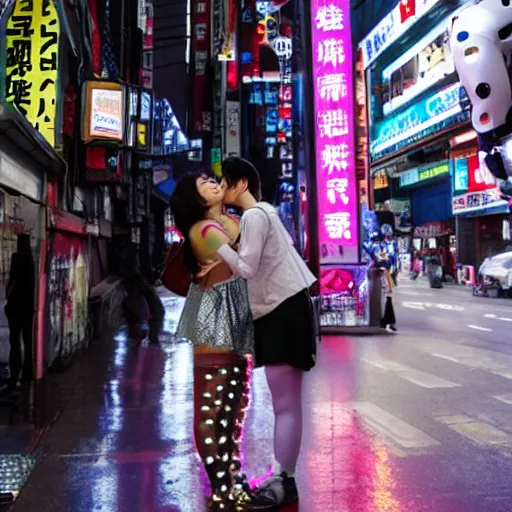 Prompt: Photograph of humanoid robot lovers kissing in cyberpunk Kabukicho