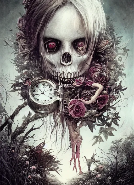 Prompt: Alice in Wonderland, White Rabbit, Death Tarot card,highly detailed,half skull face,cinematic,8k,by Stanley Artgermm,Tom Bagshaw,Greg Rutkowski,Carne Griffiths, Ayami Kojima, Beksinski, Giger,trending on DeviantArt,hyper detailed,horror, full of colour