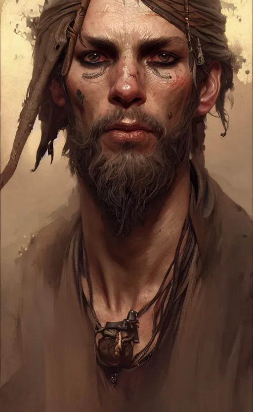 Prompt: a portrait of a male pirate, sick and skinny, dirty face, no teeth, concept art, deep focus, intricate, highly detailed, digital painting, artstation, matte, sharp focus, illustration, art by greg rutkowski and alphonse mucha