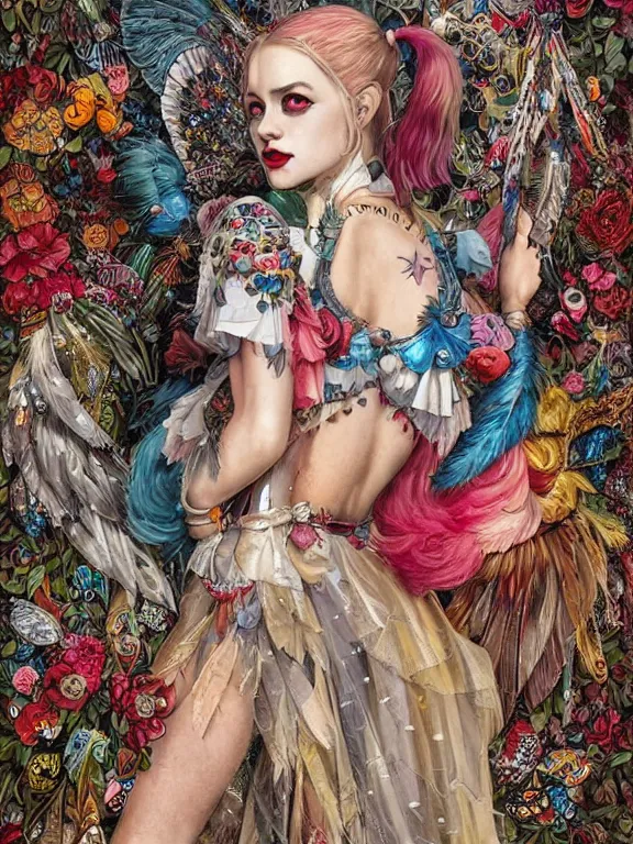 Image similar to a 65mm portrait of harley quinn between embellished avian-inspired sequined feather-adorned wings and flower bushes,by tom bagshaw,Cedric Peyravernay,DIOR,marie spartali Stillman,William Morris,Dan Mumford,trending on pinterest，maximalist,glittering,feminine