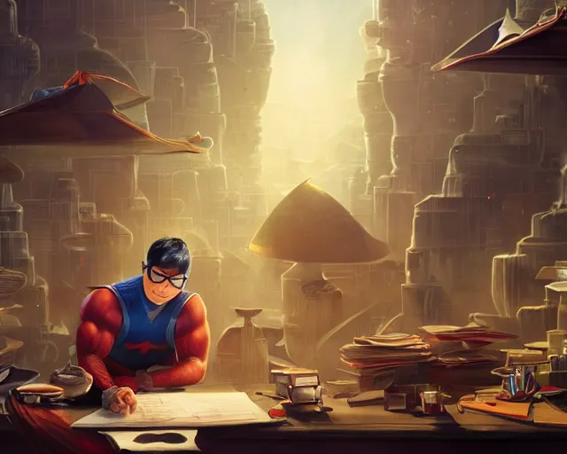 Image similar to an insanely detailed painting of a nerdy asian man wearing a superhero costume, sitting at a desk, staring at the nervously at the computer and typing, in the style of peter mohrbacher, dramatic lighting and composition, surreal background, octane render, pixar, trending on artstation, concept art, comic book, view from behind