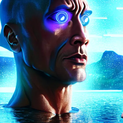 Image similar to dwayne johnson as a beautiful cyborg - angel girl standing on a lake, rainfall, biomechanical details, digital cyberpunk anime art, full body shot, reflections, lens flare, promotional poster, cinematic lighting, wlop, ilya kuvshinov, artgerm, krenz cushart, greg rutkowski