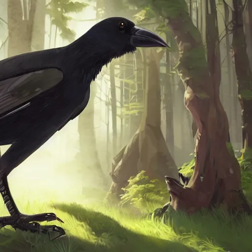 Image similar to concept art painting of a person with a head of a crow, with steampunk clothes, in the deep forest, realistic, detailed, cel shaded, in the style of makoto shinkai and greg rutkowski and james gurney