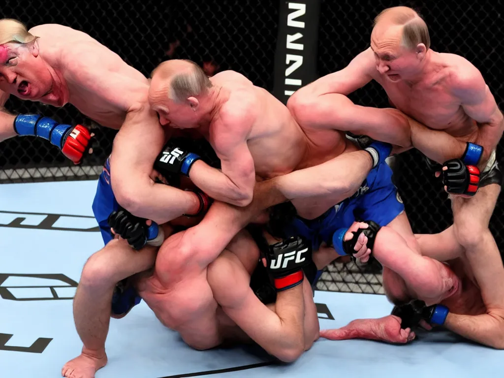 Image similar to a perfect color action photograph of donald trump and vladimir putin fighting in the ufc. guillotine choke. strong lighting. lots of sweat and haematomas.