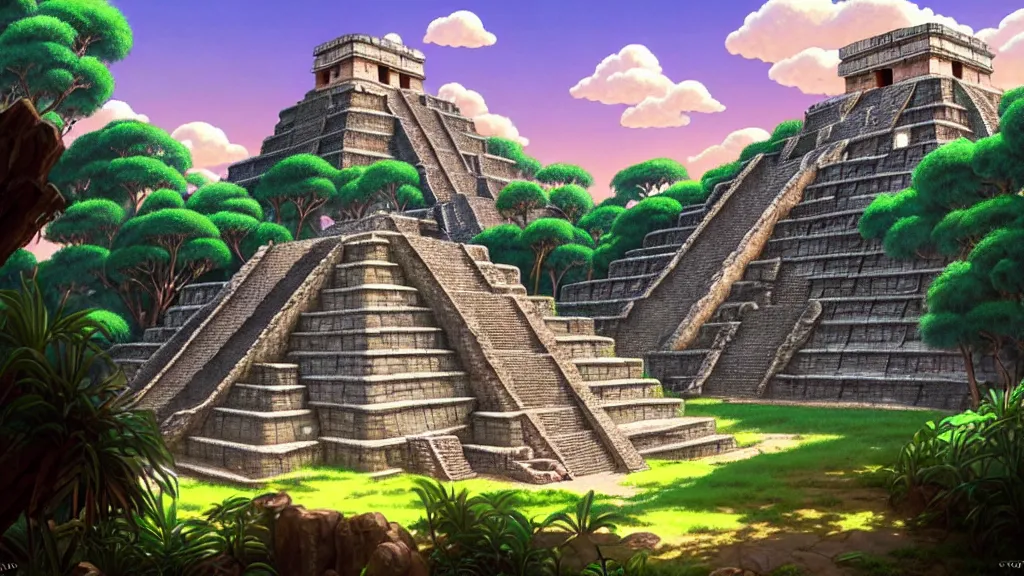 Image similar to ancient mayan ruins, studio ghibli, pixar and disney animation, sharp, rendered in unreal engine 5, highly detailed, digital painting, artstation, concept art, smooth, sharp focus, illustration, wide angle, artbook, wallpaper, splash art, promo art, dramatic lighting, art by artgerm and greg rutkowski and bo chen and jin xiaodi