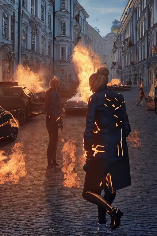 Prompt: in the foreground a street in Saint Petersburg, in the background a blonde woman from the back completely on fire wearing a long matrix-style jacket, realistic, high definition, many details, dramatic scene, detailed and realistic hands, symmetrical face, realistic eyes , art of unreal engine 5