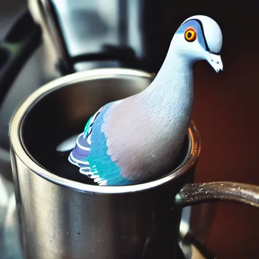 Prompt: a pigeon smoking pipe waiting for coffee to boil