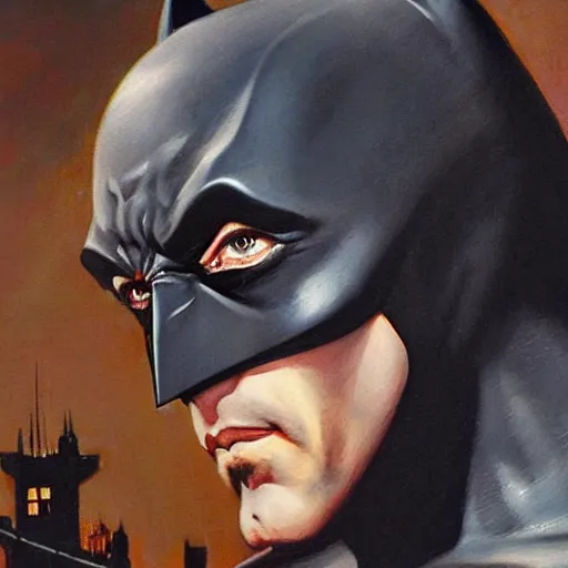 Image similar to an ultra - realistic portrait painting of batman in the style of frank frazetta. 4 k. ultra - realistic. highly detailed. dark fantasy. creepy lighting.