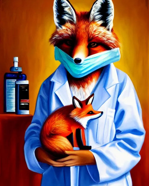 Image similar to oil painting portrait of anthropomorphic female fox animal dressed in labcoat, surgical mask covering mouth, with syringe, fox animal, hospital in background, oil painting,