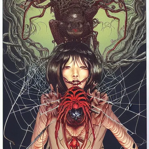 Image similar to portrait of crazy dark girl with spiders around, symmetrical, by yoichi hatakenaka, masamune shirow, josan gonzales and dan mumford, ayami kojima, takato yamamoto, barclay shaw, karol bak, yukito kishiro