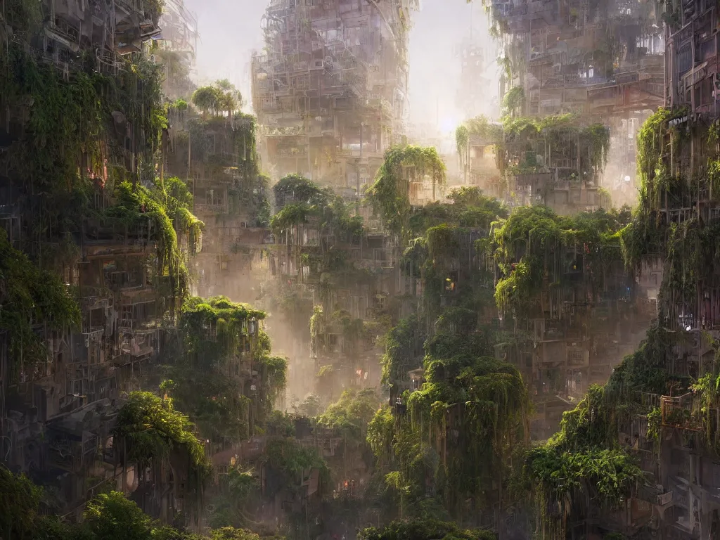 Image similar to the green city of babylon with its wonderful hanging gardens at dawn, intricate, elegant, volumetric lighting, digital painting, highly detailed, artstation, sharp focus, illustration, concept art, ruan jia, steve mccurry