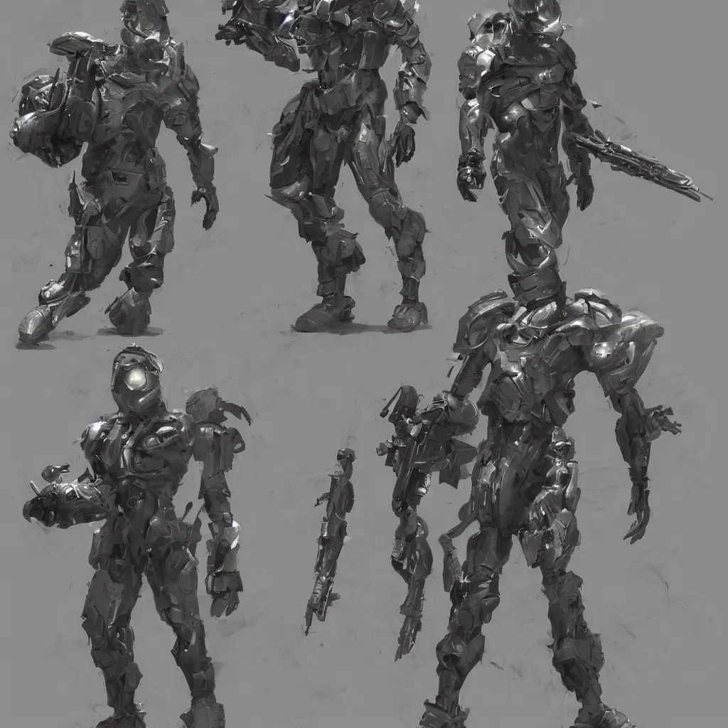 Prompt: a single futuristic soldier using modern equipment and a exoskeleton concept art, craig mullins style with fine details, early high tech, flying equipment, character reference sheet