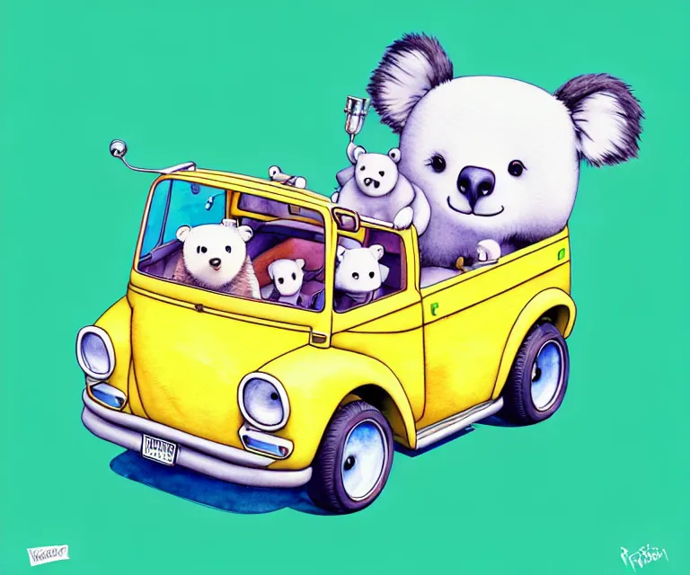 Image similar to cute and funny, koalabear with fuzzy ears riding in a tiny hot rod with an oversized engine, ratfink style by ed roth, centered award winning watercolor pen illustration, isometric illustration by chihiro iwasaki, edited by range murata, tiny details by artgerm and watercolor girl, symmetrically isometrically centered, sharply focused