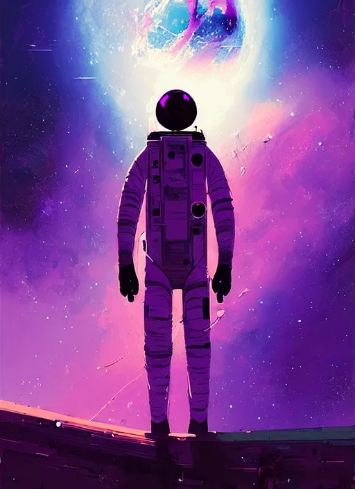 Prompt: sci - fi art, astronaut watching earth from space, purple nebula in the background, art by ismail inceoglu