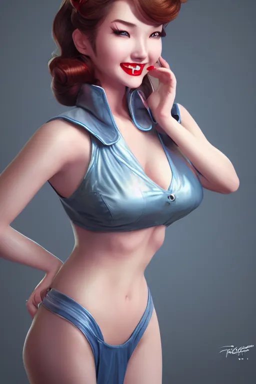 Image similar to a pin up and beautiful fashion and dreamlke girl, charming smile, by artgerm lau, & jeehyung lee & wlop, hyperdetailed, 8 k realistic, symmetrical, frostbite 3 engine, cryengine, dof, trending on artstation, trending on deviantart