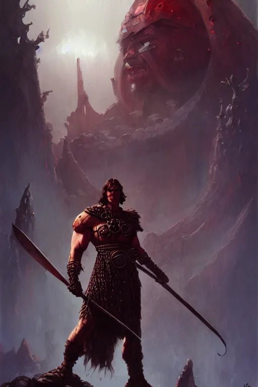 Image similar to conan the eliminator in the style of peter andrew jones and tom bagshaw, fantasy warrior, standing before ancient ruins