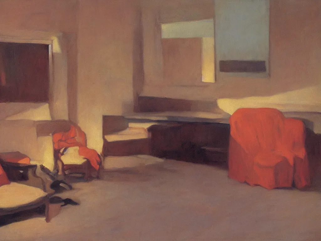 Image similar to the collector of corals in an interior. autumn sunset. painting by hopper