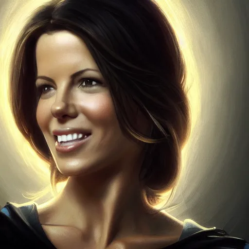 Prompt: closeup portrait of a kate beckinsale as a software engineer, she is a nerd, seductive smile, chiaroscuro, computer geek, golden hour, dramatic lighting, complementary contrast, high detail, painted by greg rutkowski, painted by igor kieryluk, trending on artstation