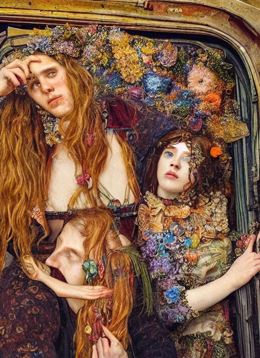 Prompt: detailed colourful masterpiece of intricate preraphaelite art novueau photography couple portrait sat down extreme closeup, love, inside an underwater train, detailed realistic expressions, wearing unusual clothes, by ford madox brown, ultra wide angle