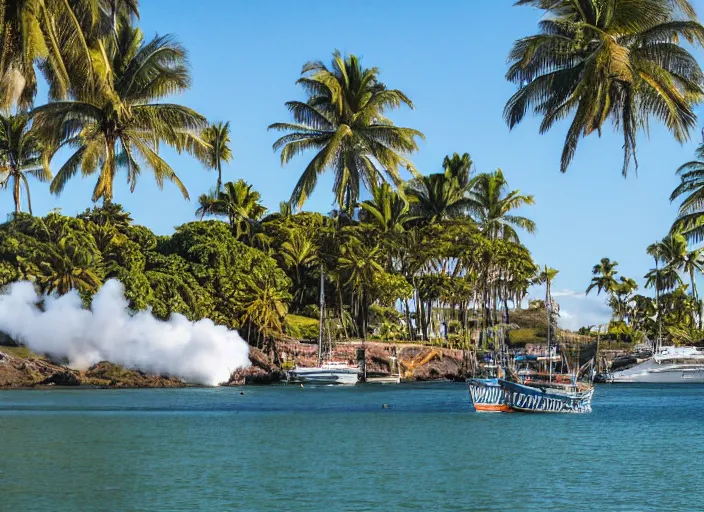 Prompt: photo of the hms bounty ship in a tranquil beautiful island cove with palm trees, a volcano smoking