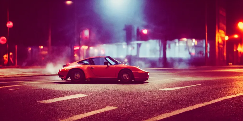 Prompt: Lone 80s red Porsche sports car doing a burnout on a deserted city street at night time, purple lighted street, wide angle, cinematic, hard focus, retro-wave vibes, grainy, soft motion blur, VHS Screencap