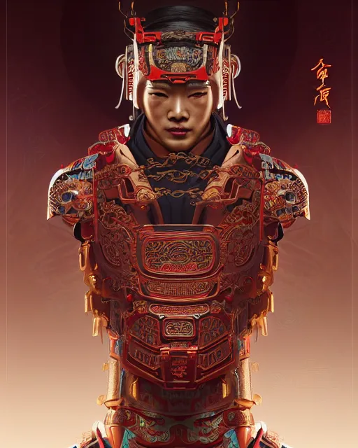 Image similar to portrait of a chinese masculine male cyberpunk machine, machine face, upper half portrait, decorated with chinese opera motifs, muscular, asian, fine china, wuxia, traditional chinese art intricate intense elegant 京 剧 highly detailed digital painting artstation concept art smooth sharp focus illustration, art by artgerm and greg rutkowski alphonse mucha 8 k