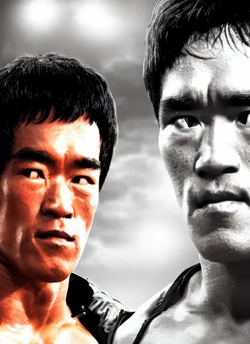 Image similar to Film poster Arnold Schwarzenegger VS Bruce lee , faces look at each other, detailed and realistic, 4k, filmic render