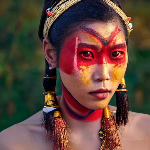 Prompt: portrait of a stunningly beautiful asian tribal female, red facepaint over the eyes in a wide stripe, depth of field, zeiss lens, detailed, symmetrical, centered, fashion photoshoot, by Annie Leibovitz and Steve McCurry, David Lazar, Jimmy Nelsson, Breathtaking, 8k resolution, extremely detailed, beautiful, establishing shot, artistic, hyperrealistic, beautiful face, octane render