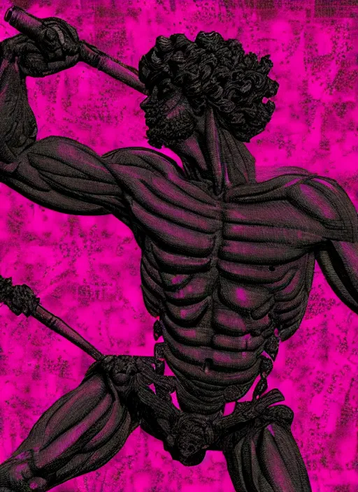 Prompt: black background, statue of hercules, ( ( ( skeleton ) ) ), grey, thin lines, dark, red and purple grid and lines, glitch art, neo vaporwave, gritty, movie poster, layout design, trending on artstation