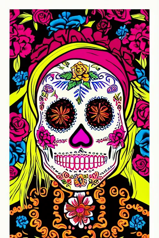 Prompt: illustration of a sugar skull day of the dead girl, art by tristan eaton stanley