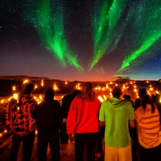 Image similar to glowing diverse groups of humans glowing sea at night, from behind, wide angle, elaborate, highly detailed, beautiful lighting