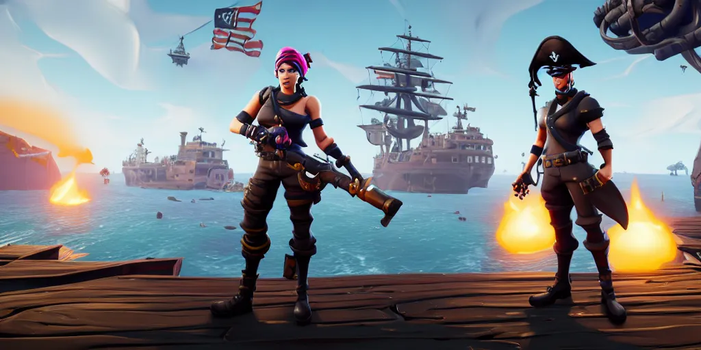 Image similar to A screenshot of a fortnite pirate standing on the front of the ghost ship with the black Jolly Roger flag, the ghost ship is in the middle of the ocean, in Fortnite, extremely detailed, pirate portrait, fantasy art overwatch and heartstone, cgsociety, artstation hq, octane render, 8k, stylized 3D CGI art , 3D, Unreal Engine, 4K UHD, RTX, DLSS,