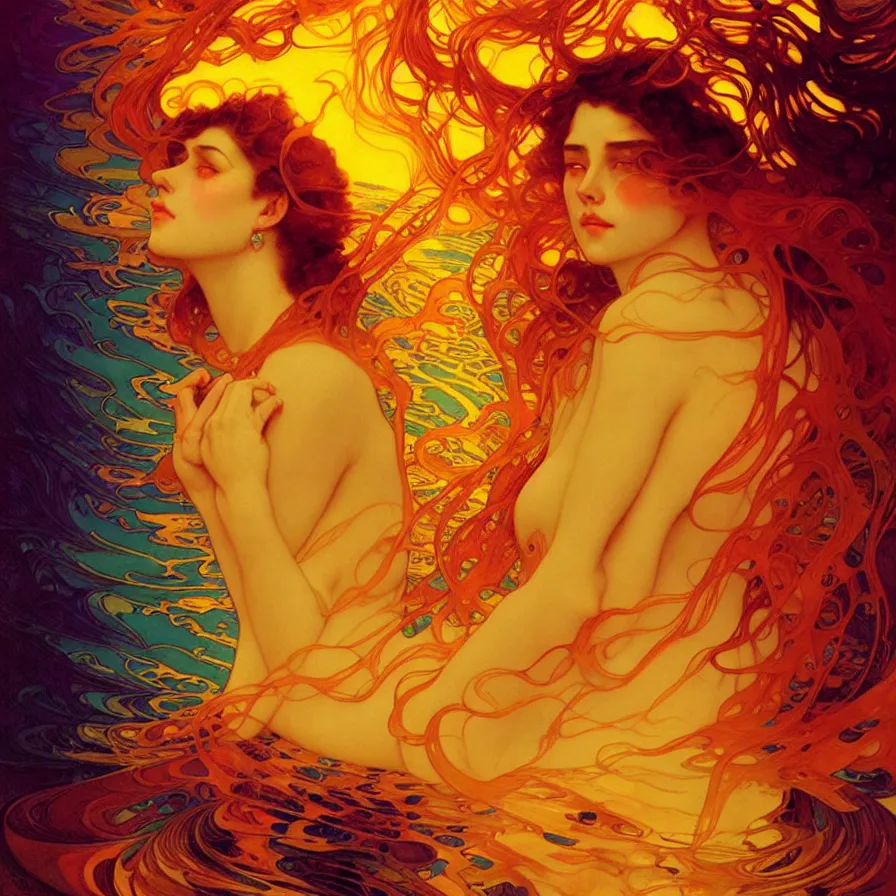 Image similar to transcendent mind bending indigo waves of glossy psychedelic liquid honey flowing like kaleidoscopic translucent amber, lsd waves, honey ripples, enlightenment, dramatic professional lighting, refracted sunset lighting, art by collier, albert aublet, krenz cushart, artem demura, alphonse mucha