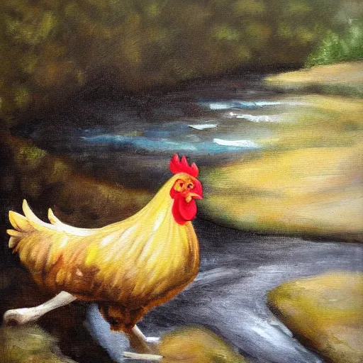 Prompt: a chicken next to a stream oil painting