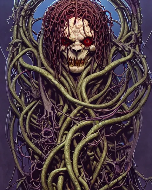 Prompt: the platonic ideal of flowers and roots of cletus kasady ultimate carnage dementor doctor doom gorgon chtulu nazgul, medusa detailed, intricate, hyperrealism, intense, scary, decay, dmt, art by brock hofer and artgerm and greg rutkowski and alphonse mucha