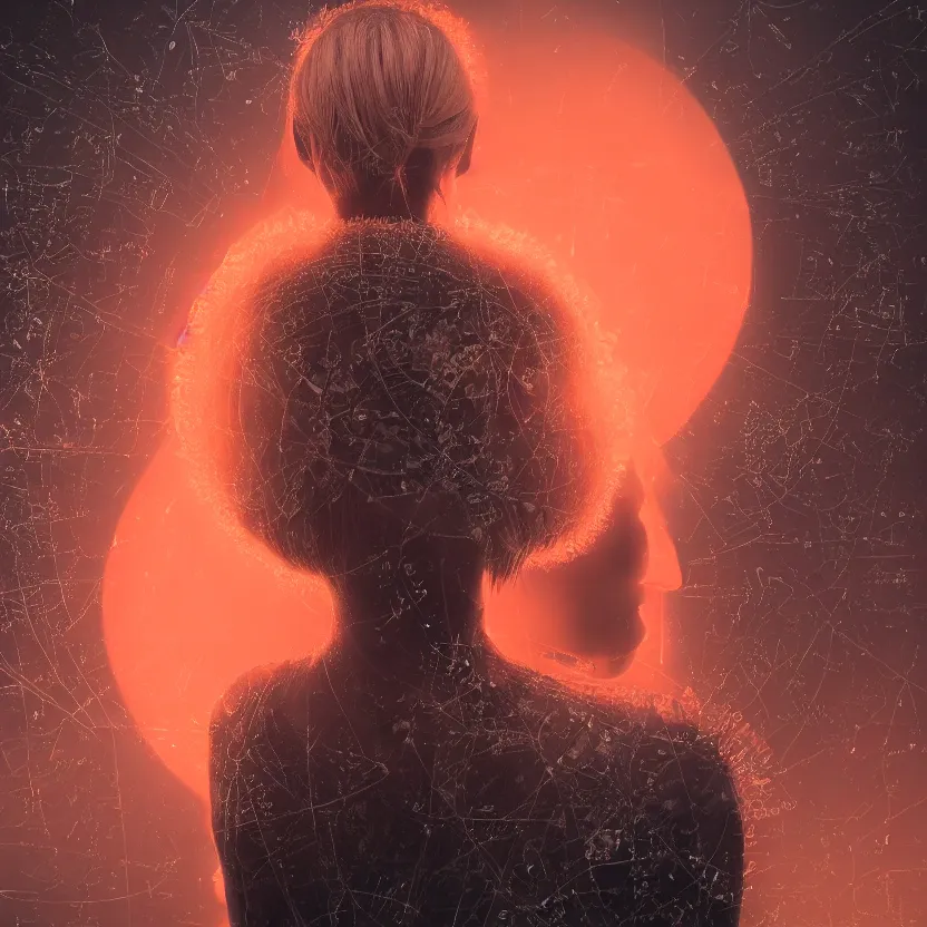 Image similar to closeup portrait of a beautiful guard with blonde hair seen from the back in front of a dystopian (orange fog) merkabah flower of life cyberpunk ultra realistic 4K