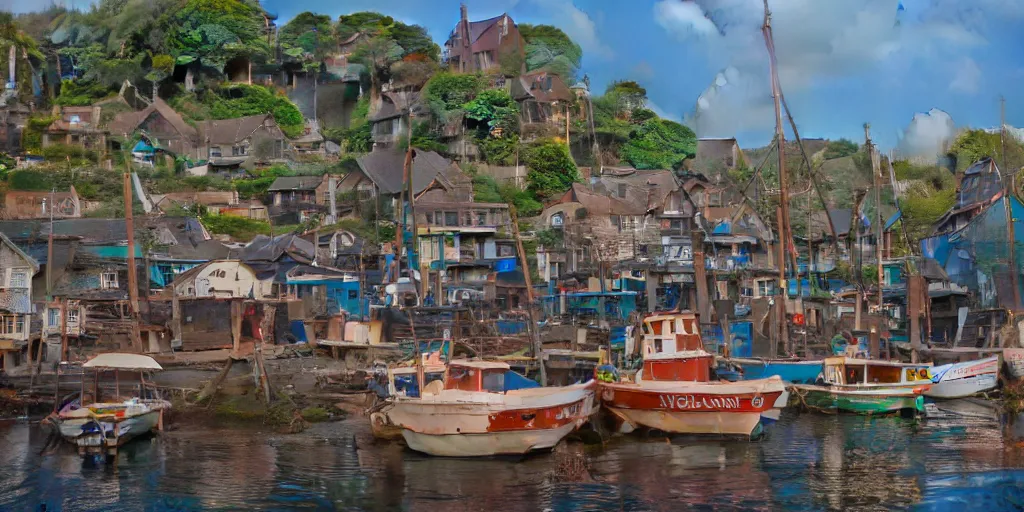 Image similar to a film still of fishing harbour in a small seaside village, medium shot, waist up, studio Ghibli, Pixar and Disney animation, sharp, Rendered in Unreal Engine 5, Bloom, dramatic lighting