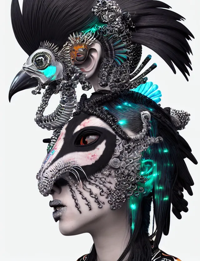 Image similar to 3 d photo realistic goddess close - up profile portrait punk with mohawk with ram skull. beautiful intricately detailed japanese crow kitsune mask and clasical japanese kimono. betta fish, jellyfish phoenix, bio luminescent, plasma, ice, water, wind, creature, artwork by tooth wu and wlop and beeple and greg rutkowski