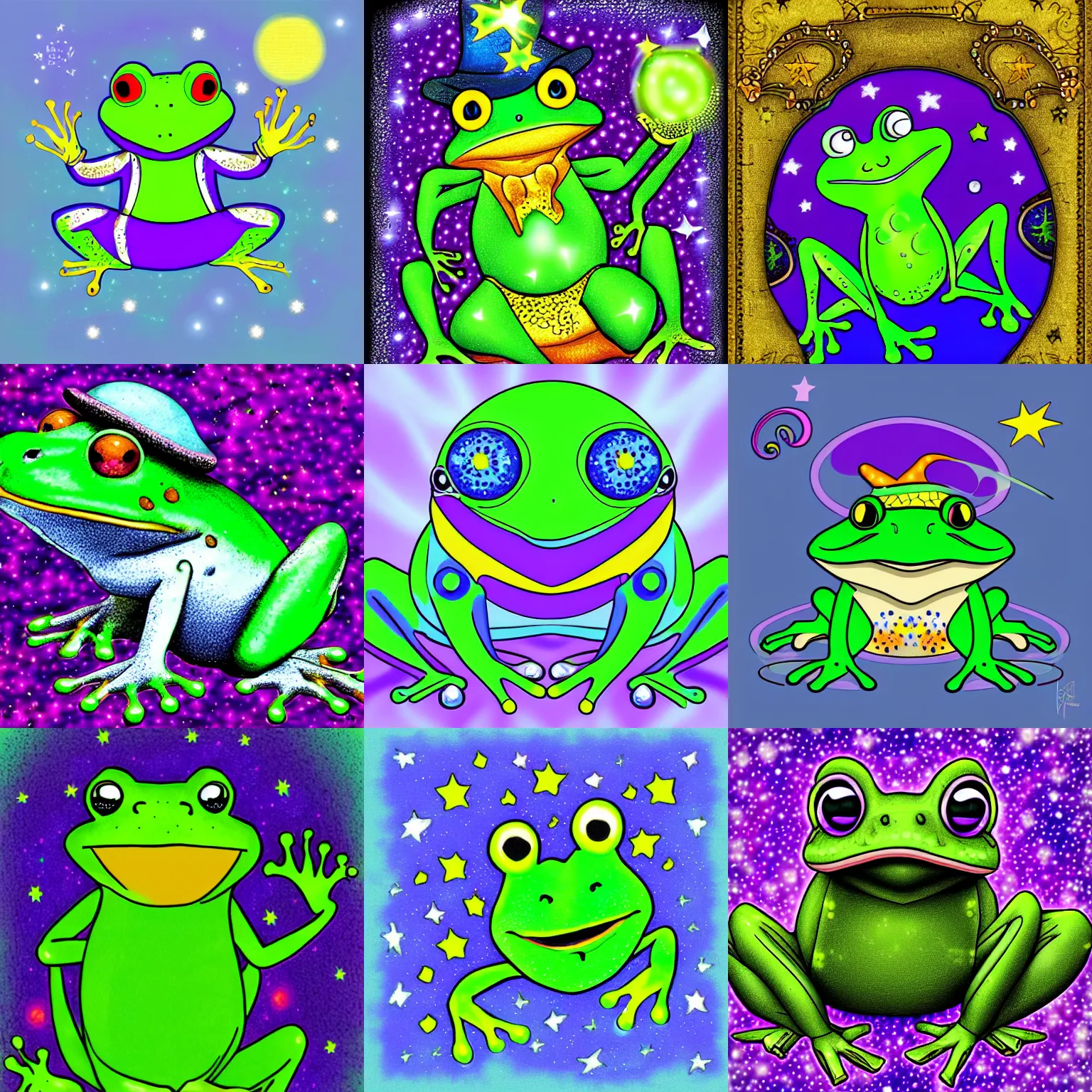 Prompt: portrait of a magical frog, wizard frog with stars and moons, blue purple green, digital art