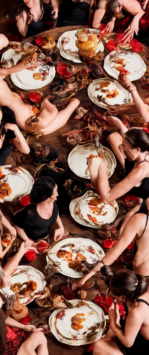 Image similar to an 8 k uhd digital photo of a group of witches dancing and laughing around plates of skin and muscle and blood