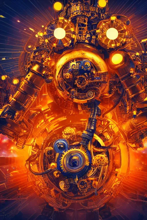 Prompt: portrait photo of an exploding giant huge golden and blue metal broken steampunk robot with big gears and tubes all over the floor, eyes are glowing red lightbulbs, shiny crisp finish, 3 d render, 8 k, insaneley detailed, fluorescent colors, background is multicolored lasershow