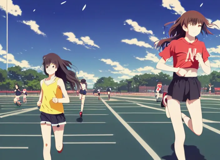 Image similar to high school runner girl, sunny sky background stadium landscape illustration concept art anime key visual trending pixiv fanbox by wlop and greg rutkowski and makoto shinkai and studio ghibli and kyoto animation symmetry red sports clothing marathon yellow running shoes number tag