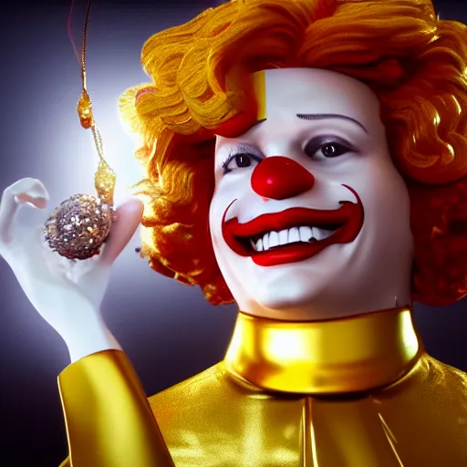 Image similar to A still of Ronald McDonald surrounded by gold and diamonds, Award-winning, photograph, 3d render, unreal engine, 4k detailed