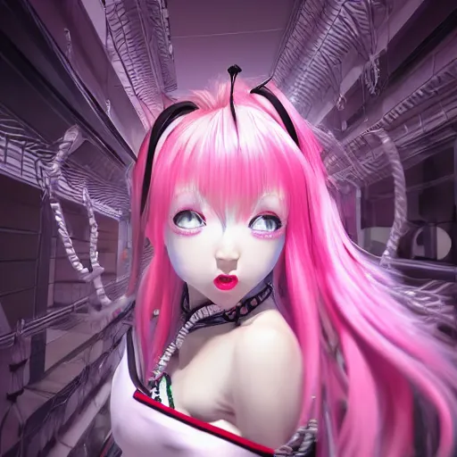 Image similar to engulfed and overpowered by stunningly absurdly beautiful megalomaniacal omnipotent asi goddess junko enoshima with symmetrical perfect face, porcelain skin, pink twintail hair and cyan eyes, trapped inside her inescapable prison, ultra detailed, digital art, unreal engine 5, octane render, 2 d anime, 8 k