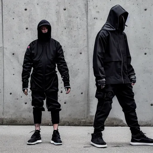 Image similar to techwear fashion in the streets, acronym, guerilla group, fashion study, photoshoot