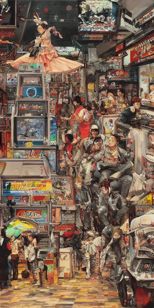 Image similar to oil painting scene from amusement arcade by kim jung gi