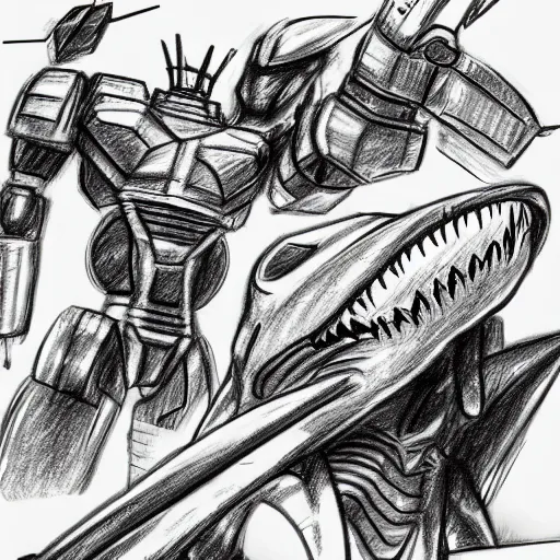 Image similar to a quick pencil sketch showing a full - body wide - shot of a giant athletic humanoid mecha robot punching a giant humanoid hammerhead shark kaiju in the head